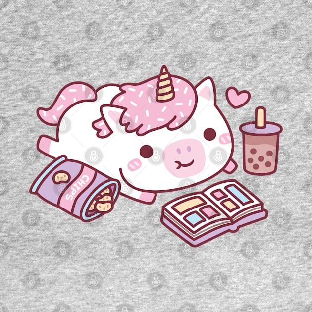 Cute Unicorn Chilling With Manga Chips And Boba Tea by rustydoodle